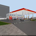 Gas Station Aerial View With Red Yellow Canopy Fuel Pumps And Fuel Truck