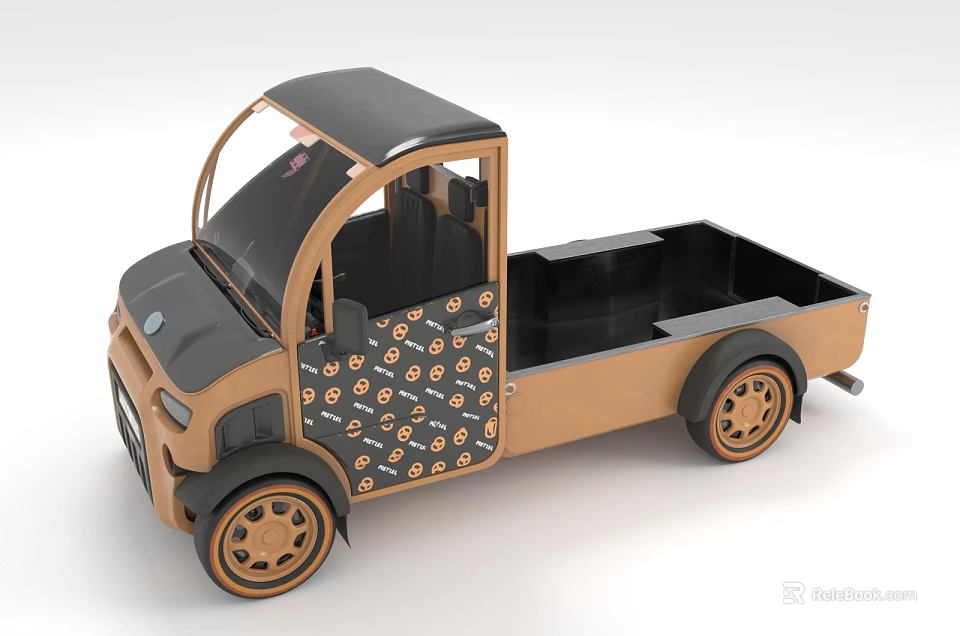 Stylish Compact Electric Truck With Brown Black Exterior Circular Door Patterns And Open Cargo Bed 3d model 