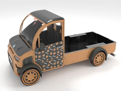 Stylish Compact Electric Truck With Brown Black Exterior Circular Door Patterns And Open Cargo Bed 3d model