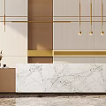 Modern Reception Desk With Marble Countertop Golden Pendant Lights And Wooden Walls