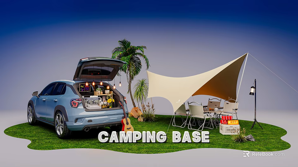 Camping Base Photo Spot with Open Car Trunk Palm Trees Shade Canopy and Outdoor Seating 3d model 