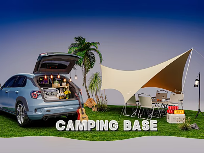 Camping Base Photo Spot with Open Car Trunk Palm Trees Shade Canopy and Outdoor Seating 3d model