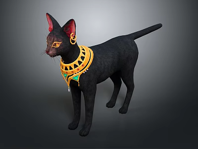 Black Cat With Red Ears Wearing Golden Collar And Decorative Earrings 3d model