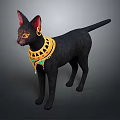 Black Cat With Red Ears Wearing Golden Collar And Decorative Earrings
