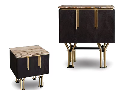 Elegant Bedside Tables With Dark Textured Body Gold Metal Legs And Marble Tops 3d model
