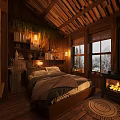Cozy Natural Hotel Room With Wooden Structure Bed Bookshelf Fireplace Snowy Window View