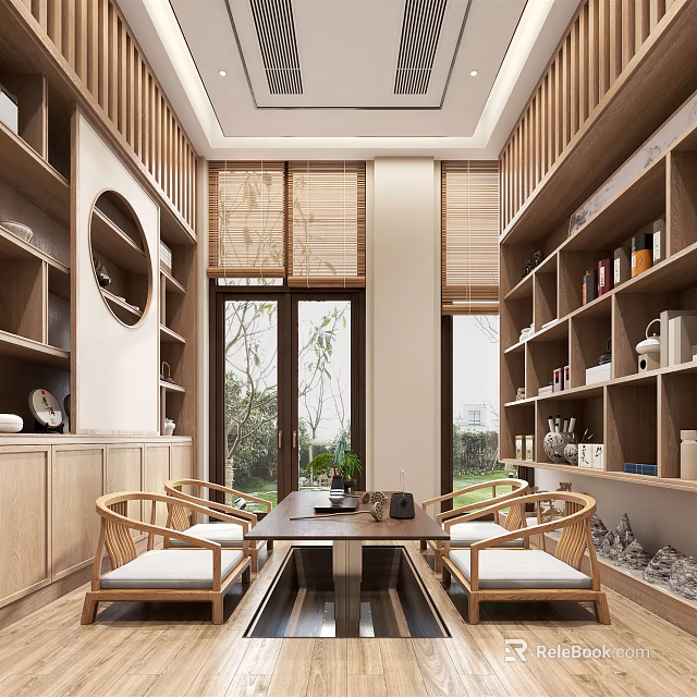 Traditional Tea Room Interior With Wooden Shelves Bamboo Curtains And Green Plants 3d model 