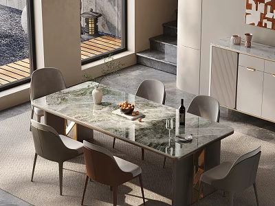 Modern Marble Dining Table With Chairs Set In Bright Room With Outdoor View 3d model