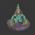 Fantasy Mechanical Sculpture With Red Ring Top And Green Mossy Base And Decorative Details