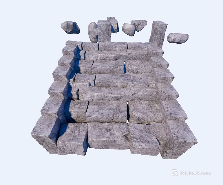 Gray Stone Staircase Built With Stacked Blocks And Scattered Stones Nearby 3d model 