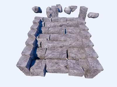 Gray Stone Staircase Built With Stacked Blocks And Scattered Stones Nearby 3d model