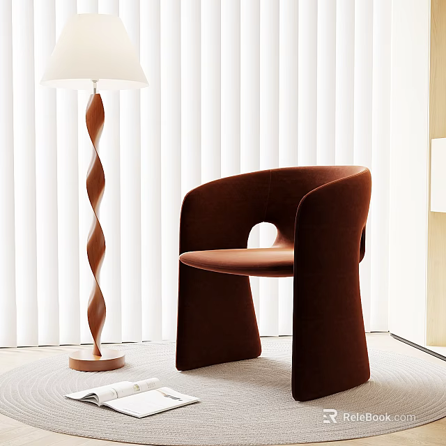 Modern Brown Velvet Single Sofa With Curved Armrest And Spiral Floor Lamp 3d model 