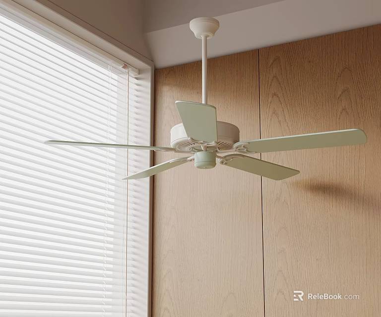 Light Green Ceiling Fan Installed On Ceiling Near Wooden Wall And Window With White Blinds 3d model 