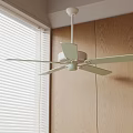 Light Green Ceiling Fan Installed On Ceiling Near Wooden Wall And Window With White Blinds