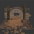 Ancient Stone Archway With Pillars And Cobblestone Path Surrounding Scattered Stones