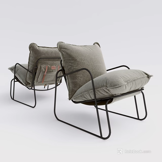 Modern Minimalist Single Sofa With Gray Cushions And Black Metal Frame 3d model 