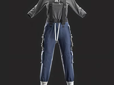 Gray Long Sleeve Top With Blue Cargo Pants And Suspenders Multiple Pockets Drawstring Design 3d model