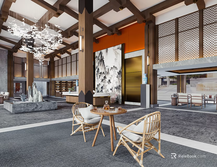 Elegant Hotel Lobby Interior With Grand Chandelier Wooden Columns Decorative Painting And Rattan Furniture 3d model 