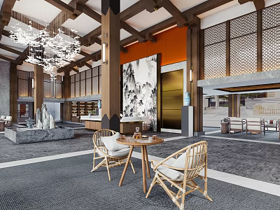 Elegant Hotel Lobby Interior With Grand Chandelier Wooden Columns Decorative Painting And Rattan Furniture 3d model