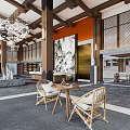 Elegant Hotel Lobby Interior With Grand Chandelier Wooden Columns Decorative Painting And Rattan Furniture