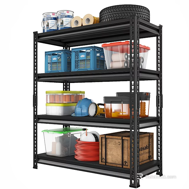 Black Metal Storage Shelf With Colorful Lidded Bins Plastic Crates Wooden Box And Red Rope 3d model 
