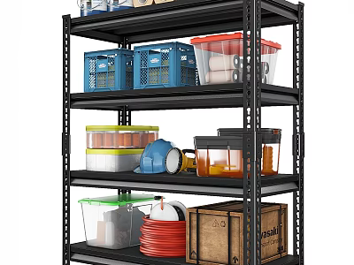 Black Metal Storage Shelf With Colorful Lidded Bins Plastic Crates Wooden Box And Red Rope 3d model