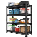 Black Metal Storage Shelf With Colorful Lidded Bins Plastic Crates Wooden Box And Red Rope