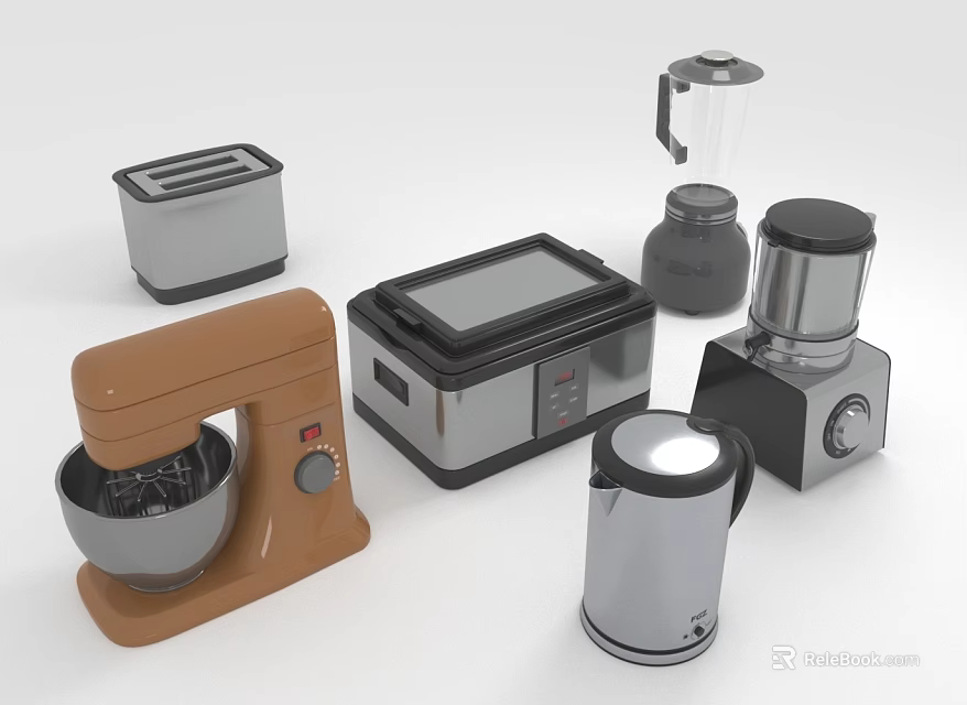 Modern Kitchen Household Appliances Collection Featuring Mixer Toaster Kettle Blender And Steamer 3d model 