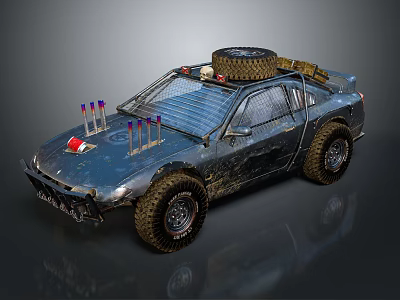 Modified Blue Off Road Vehicle With Worn Body Spare Tire Skull Decoration And Large Tires 3d model