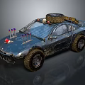 Modified Blue Off Road Vehicle With Worn Body Spare Tire Skull Decoration And Large Tires
