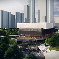 Tall modern buildings surrounding urban park with green spaces circular pathways and central structure