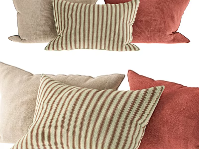 Decorative Striped And Solid Color Fabric Pillows In Beige And Red Tones 3d model