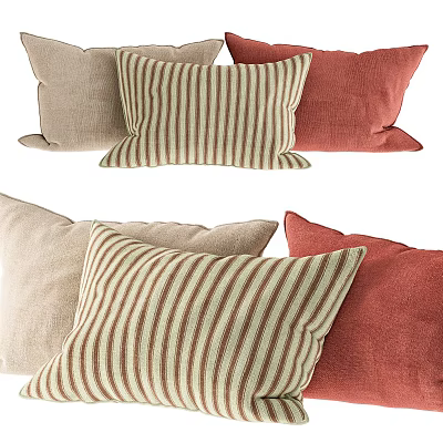 Decorative Striped And Solid Color Fabric Pillows In Beige And Red Tones 3d model