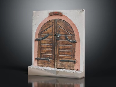 Vintage Arched Wooden Door Model With Pink Frame Metal Hinges And Light Base 3d model