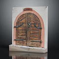 Vintage Arched Wooden Door Model With Pink Frame Metal Hinges And Light Base