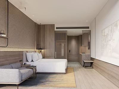 Elegant Modern Hotel Room Interior With Wooden Partition Gray Sofa White Bed And Area Rug 3d model