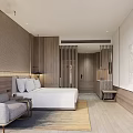 Elegant Modern Hotel Room Interior With Wooden Partition Gray Sofa White Bed And Area Rug