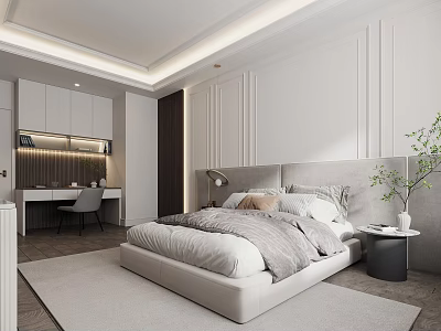 Modern Bedroom Interior Design With Paneled Walls Bed Desk Area Rug And Plant 3d model