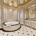Luxurious Bathroom Interior With Round Marble Bathtub Chandelier Large Mirror And Tiled Floor