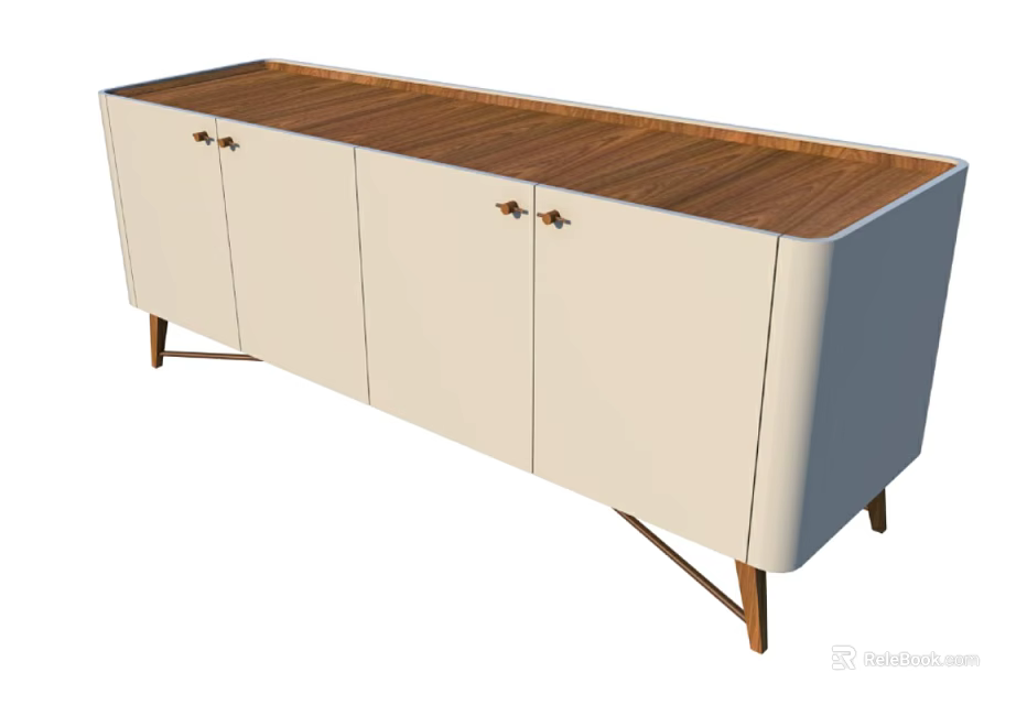 Modern TV Stand With Cream Colored Doors Wooden Top And Metal Handles 3d model 