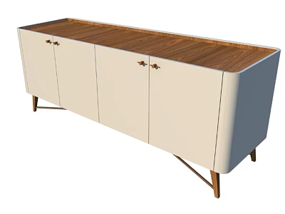 Modern TV Stand With Cream Colored Doors Wooden Top And Metal Handles 3d model