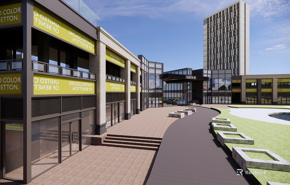 Modern Commercial Complex With Retail Shops Outdoor Plaza And Greenery Walkway 3d model 