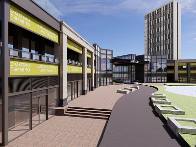 Modern Commercial Complex With Retail Shops Outdoor Plaza And Greenery Walkway 3d model