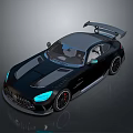 Black Two Door Sports Car With Blue Headlights Rear Spoiler And Silver Stripes