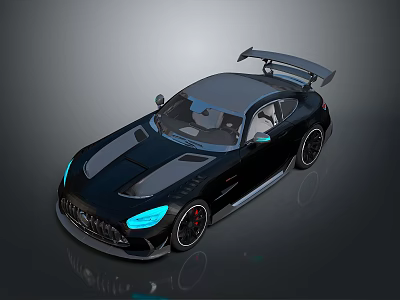 Black Two Door Sports Car With Blue Headlights Rear Spoiler And Silver Stripes 3d model