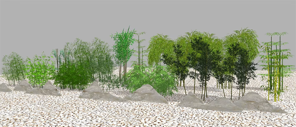Bamboo And Lush Greenery In Landscape With Rocks And Pebbles 3d model 
