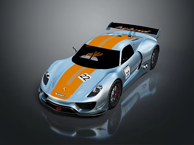 Silver Race Car with Orange Stripes Aerodynamic Rear Wing Spirit Logo and Number 22 3d model
