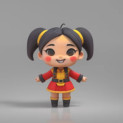 Cute Cartoon 3D Game Movie Character With Black Pigtails Yellow Ribbons Red Yellow Outfit 3d model