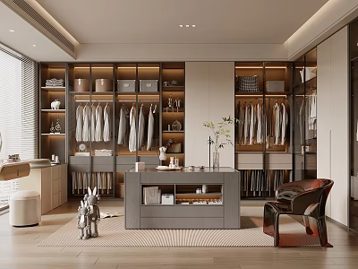 Modern Walk in Closet Interior Design With Hanging Clothes Drawer Cabinets And Decorative Chair Table 3d model