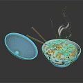 Blue Bowl With Red Animal Patterns Holding Hot Ramen And Fresh Toppings